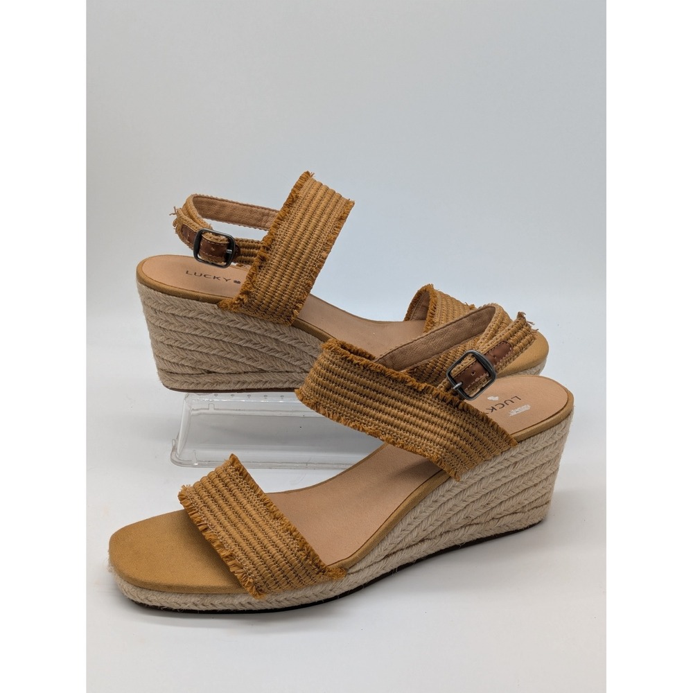 Lucky Brand Minjah Womens 10M Tan Raffia Espadrille Wedge Sandals 3" Heel